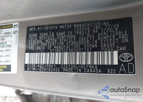 2006 Toyota Corolla Le из США, поврежденный, VIN 2T1BR32EX6C607191